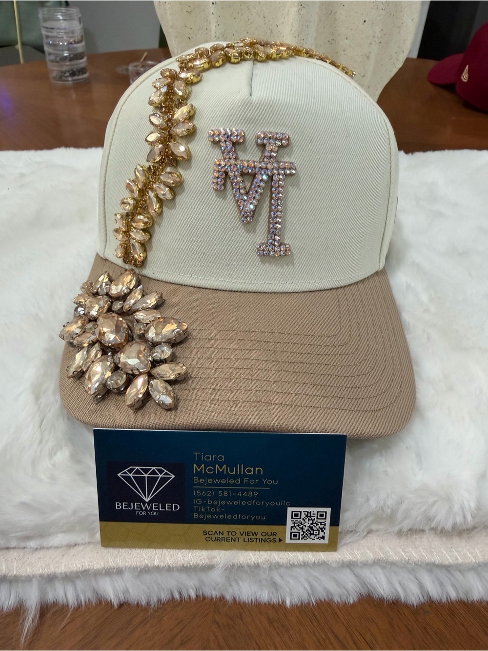 New Era Crystal Embellished Two-Tone Cap in Cream & Beige